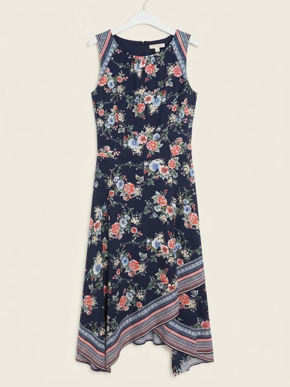 Navy Blue Floral High-Low Dress R&K Sleeveless Border Accent Size 14
